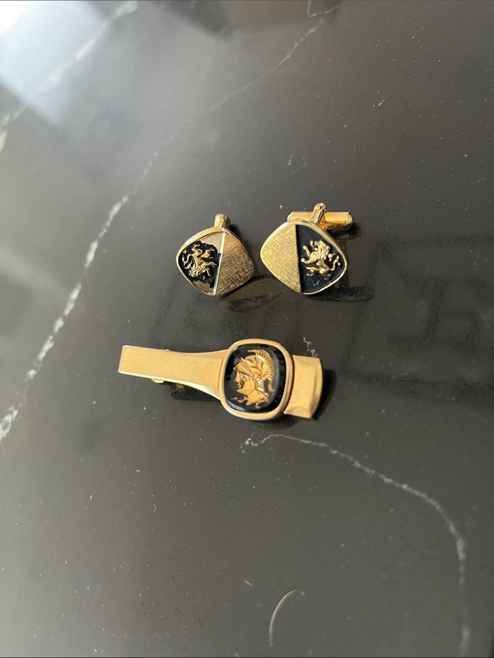 1960’s Vintage Gold and Black Scottish Lion Rampant Cufflinks + Trojan Tie Clip